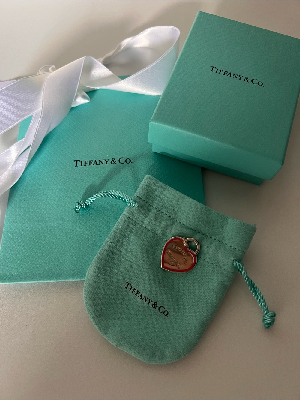 Tiffany & Co. Sterling Silver Heart Tag with Pink Border